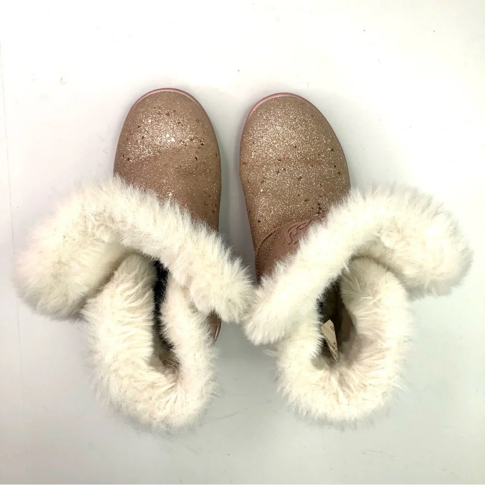 Juicy Couture Windsor faux fur lined boots gold pink glitter sparkle size 4